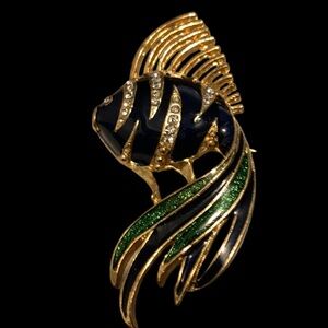 Elegant Vintage Blue & Green ENAMEL and Clear Rhinestones BROOCH Pin